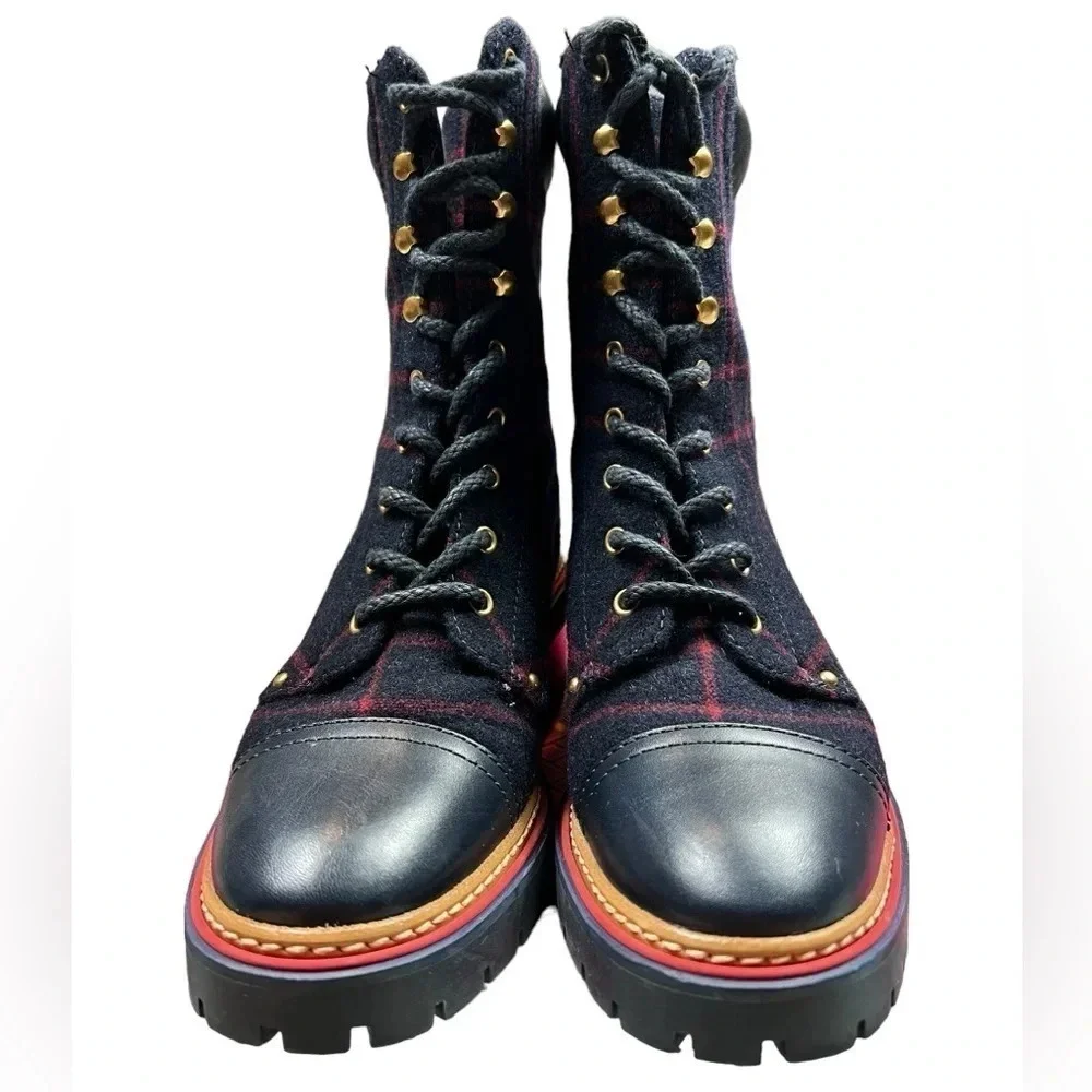Tory Burch Womens Boots Miller 60MM Checked Wool Calf Leather Navy Size 8